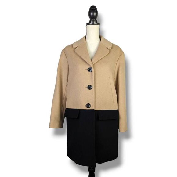 Talbots Womens Long-Sleeve Color Block Trench Coat Jacket Black & Tan Size 8P - Picture 1 of 11